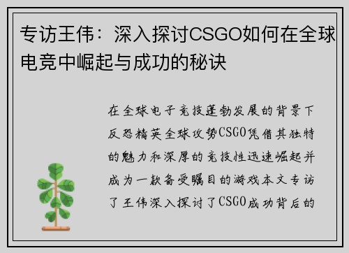 专访王伟：深入探讨CSGO如何在全球电竞中崛起与成功的秘诀